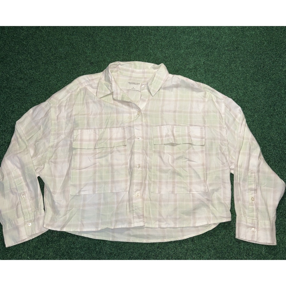 Abercrombie & Fitch Soft Collection Plaid Cropped Button Up Shirt Green Small J4